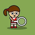 Una niña caricaturizada con una raqueta de tenis en un fondo verde