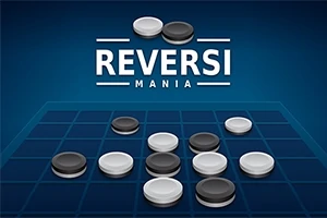 Tablero de un juego con fichas negras y blancas sobre un fondo azul con el texto Reversi Mania