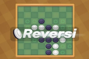 Tablero con fichas blancas y negras dispuestas en forma diagonal y la palabra Reversi superpuesta