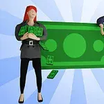 Mujer y hombre animados con billetes verdes en un fondo azul claro