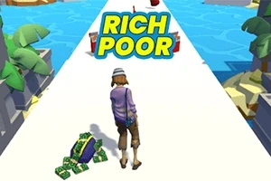 Persona caminando por un camino rodeado de agua y palmeras, con bloques de dinero en el suelo y un letrero que dice Rich Poor
