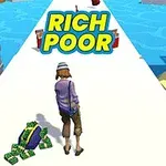 Persona caminando por un camino rodeado de agua y palmeras, con bloques de dinero en el suelo y un letrero que dice Rich Poor