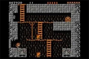 Pantalla de un videojuego clásico retro con plataformas, escaleras y ladrillos en un entorno de cueva subterránea