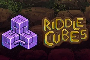 Cubos púrpuras intrincados junto al texto RIDDLE CUBES sobre un fondo de piedras y vegetación