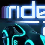 Texto rider 2 en un estilo futurista con motocicletas brillantes en azul y naranja sobre un fondo oscuro