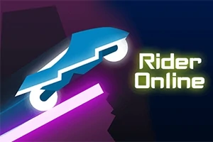 Coche azul estilizado saltando sobre una plataforma rosa con el texto Rider Online iluminado