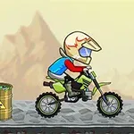 Personaje en moto de motocross con casco, pasando por un camino junto a un barril amarillo con símbolo de radiación, sobre un fondo de montañas