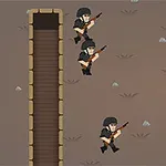 Tres soldados con uniformes oscuros y rifles avanzan en formación sobre un terreno marrón con dos trincheras a los lados