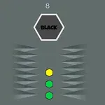 Hexágono negro con la palabra BLACK y un número ocho sobre un fondo gris, rodeado de triángulos grises y figuras hexagonales de colores verde y amarillo