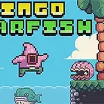 Personaje rosa de estrella de mar brincando entre plataformas en un ambiente pixelado con criaturas y detalles de fondo como palmeras y nubes
