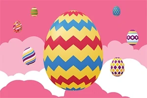 Huevos de Pascua decorados con patrones coloridos flotan sobre un fondo de nubes rosas