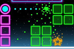 Cuadrados y un círculo fluorescentes con un fondo negro estrellado, destacando una estrella amarilla