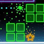 Cuadrados y un círculo fluorescentes con un fondo negro estrellado, destacando una estrella amarilla