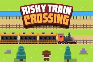 Un tren pixelado cruza por delante de un personaje en un paisaje con árboles y vías férreas