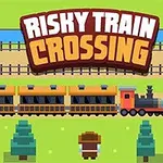 Un tren pixelado cruza por delante de un personaje en un paisaje con árboles y vías férreas