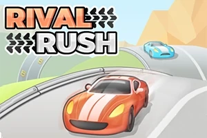 Coches deportivos en una carretera sinuosa con un coche rojo en primer plano y un coche azul al fondo, junto al texto RIVAL RUSH en la esquina superior izquierda