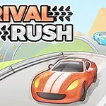 Coches deportivos en una carretera sinuosa con un coche rojo en primer plano y un coche azul al fondo, junto al texto RIVAL RUSH en la esquina superior izquierda