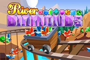 Carrito minero lleno de gemas de colores en un paisaje montañoso con rieles de madera