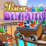 Carrito minero lleno de gemas de colores en un paisaje montañoso con rieles de madera