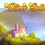 Vista de un castillo cercano a un río con colinas verdes y aves volando en el cielo