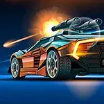 Auto deportivo futurista con armas montadas, efectos de luces y explosiones en el fondo