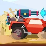 Carro rojo con cañón azul en un entorno desértico