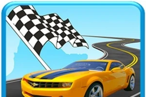 Coche deportivo amarillo frente a un camino sinuoso con una bandera de cuadros en el fondo