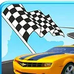 Coche deportivo amarillo frente a un camino sinuoso con una bandera de cuadros en el fondo