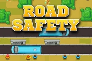 Título Road Safety en letras amarillas grandes sobre un fondo de carretera con vehículos y peatones estilizados