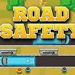 Título Road Safety en letras amarillas grandes sobre un fondo de carretera con vehículos y peatones estilizados