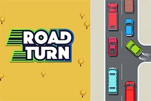Ilustración de un camino con autos de colores en una intersección y el texto Road Turn sobre un fondo amarillo