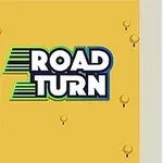 Ilustración de un camino con autos de colores en una intersección y el texto Road Turn sobre un fondo amarillo