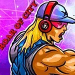 Ilustración de una persona musculosa con gorra, lentes de sol, audífonos y guantes, levantando el puño sobre un fondo con tonos morados y texto que dice Roar of City
