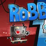 Dos robots caricaturescos contrastados, uno de color gris claro con ojos azules sobre fondo azul y otro oscuro con ojos rojos sobre fondo rojo, separados por una línea diagonal en el centro de la imagen