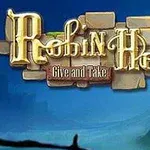 Texto estilizado Robin Hood: Give and Take sobre un fondo azul con un castillo en la distancia