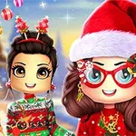 Dos personajes animados con ropa festiva navideña, rodeados de adornos y un muñeco de nieve