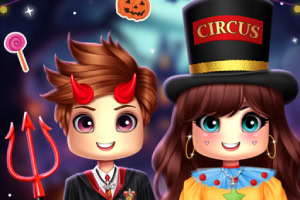 Dos personajes animados con disfraces de Halloween; uno lleva cuernos de diablo y el otro un sombrero de circo
