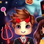Dos personajes animados con disfraces de Halloween; uno lleva cuernos de diablo y el otro un sombrero de circo