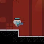 Personaje con casco y arma apunta a un pequeño robot en un escenario rojo pixelado