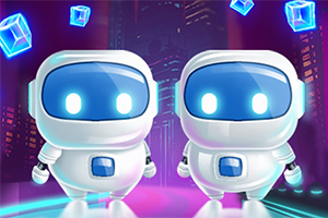 Dos robots blancos con visores azules brillantes frente a un fondo de ciudad futurista con cubos azules flotantes
