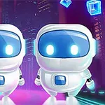 Dos robots blancos con visores azules brillantes frente a un fondo de ciudad futurista con cubos azules flotantes
