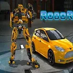 Un robot amarillo junto a un auto amarillo en un taller, con texto azul que dice RoboRacing