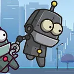 Dos robots con antenas, uno sosteniendo al otro en el aire, frente a un fondo de ciudad con edificios y un cielo azul