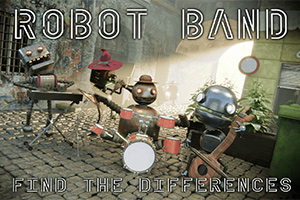 Robots tocando diferentes instrumentos musicales en una calle empedrada bajo luces brillantes