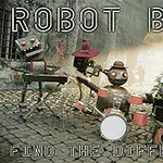 Robots tocando diferentes instrumentos musicales en una calle empedrada bajo luces brillantes