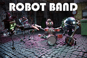 Banda de robots tocando instrumentos musicales en una calle empedrada con el texto Robot Band en la parte superior