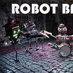 Banda de robots tocando instrumentos musicales en una calle empedrada con el texto Robot Band en la parte superior