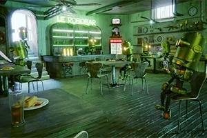 Interior de una cafetería futurista con robots sentados en mesas y un letrero luminoso en la barra