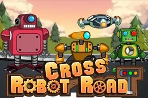 Tres robots coloridos de pie en una carretera con un fondo de árboles y cielo al atardecer, junto a texto de estilo mecánico