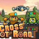 Tres robots coloridos de pie en una carretera con un fondo de árboles y cielo al atardecer, junto a texto de estilo mecánico